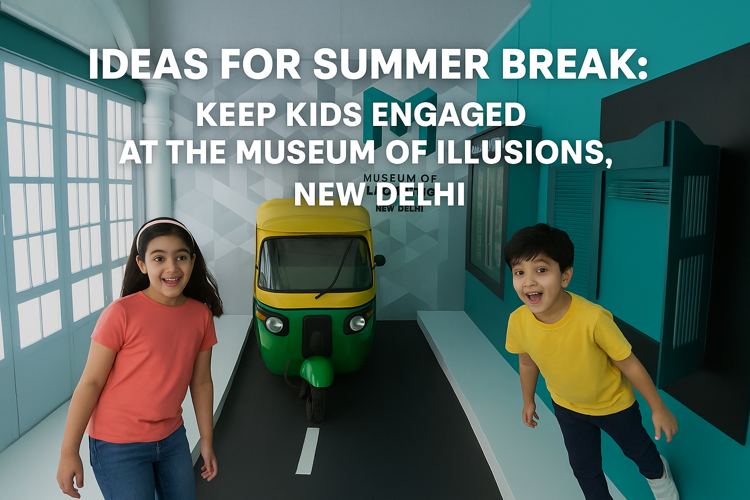 Children exploring interactive exhibits at the Museum of Illusions, New Delhi — featuring a red-and-black optical illusion and a colorful LED wall, perfect for summer fun with kids.