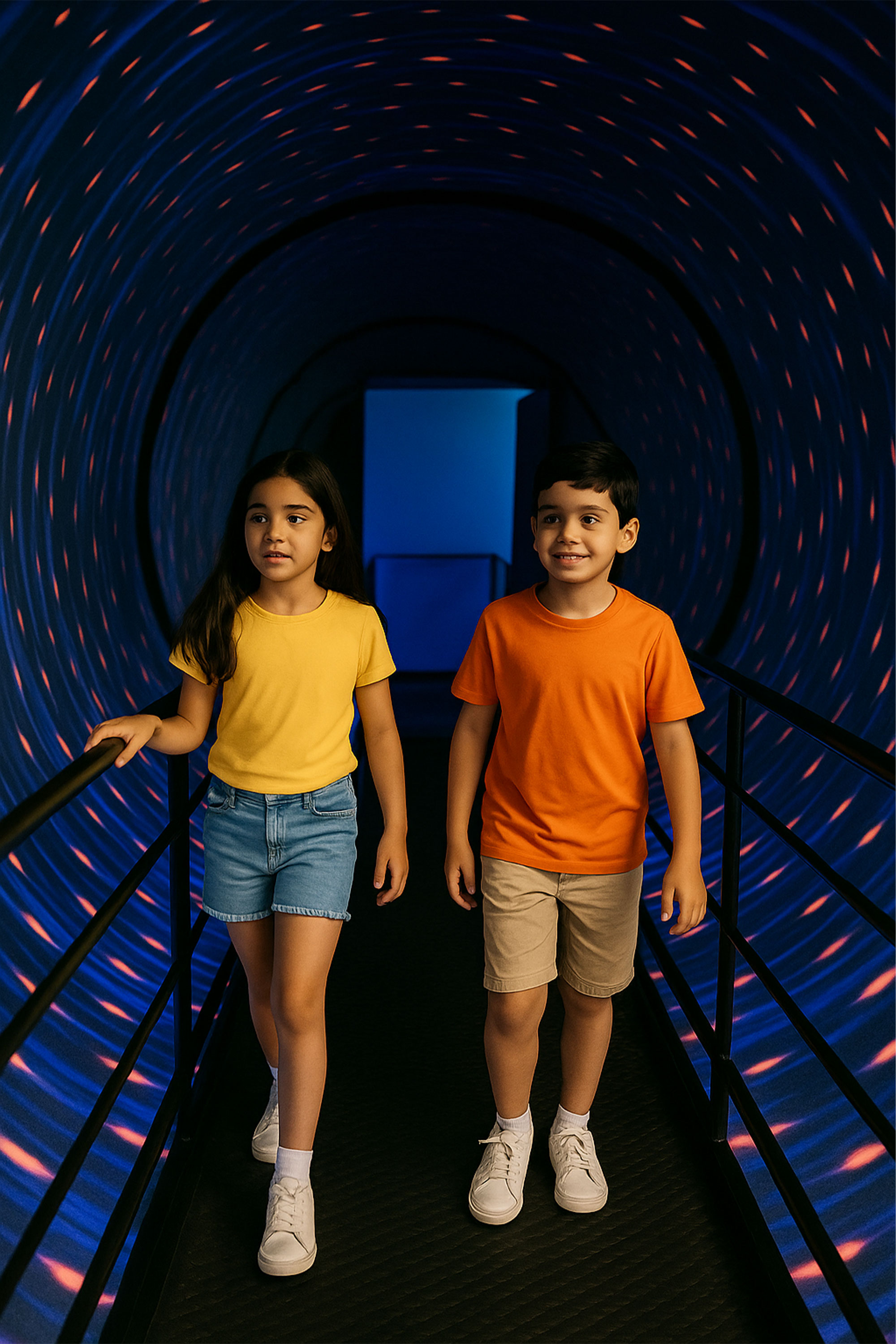 Two children walking through the Vortex Tunnel at the Museum of Illusions, New Delhi — surrounded by swirling lights and curved walls creating a dizzying visual effect.
