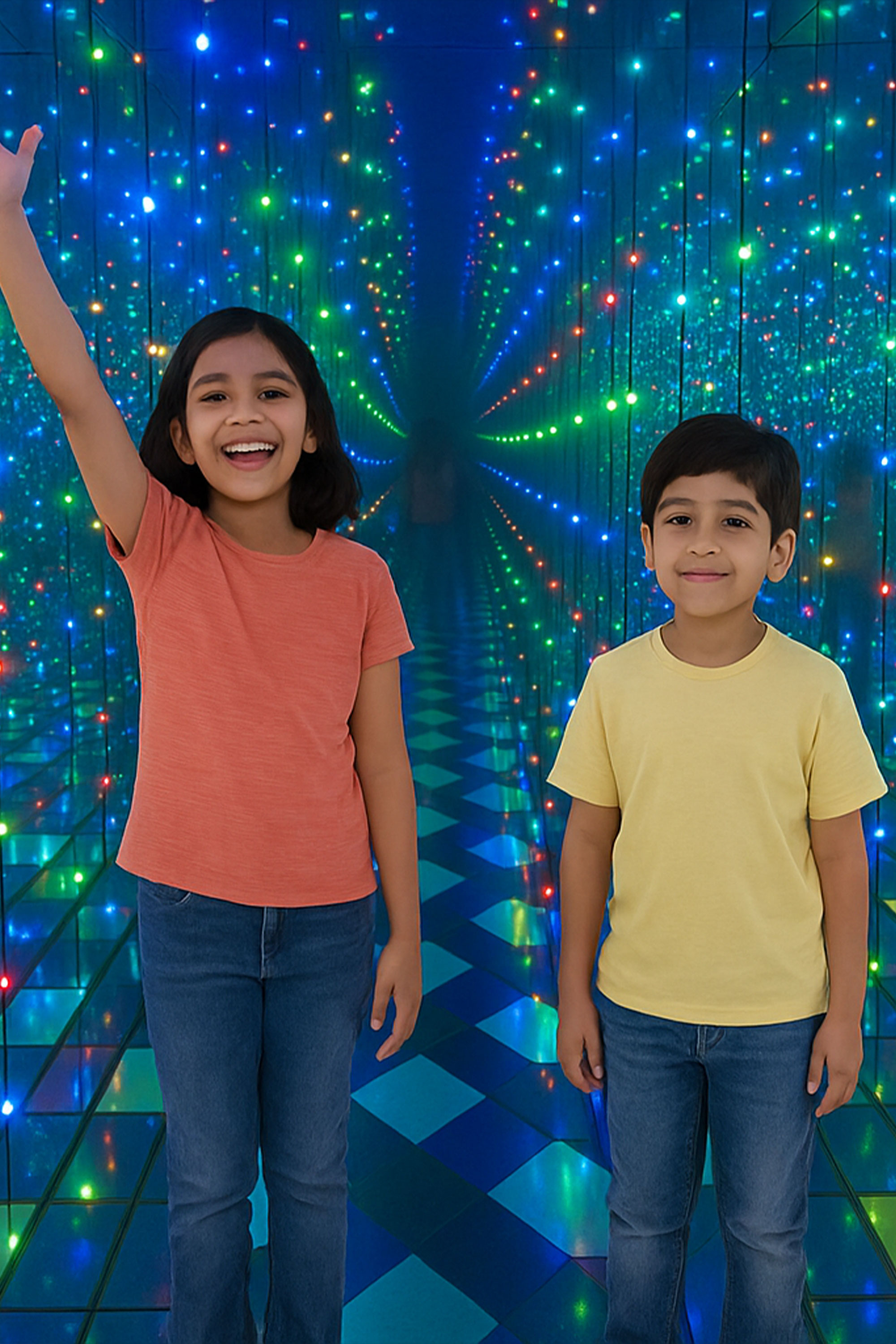 Two children enjoying the Infinity Room at the Museum of Illusions, New Delhi — surrounded by mirrored walls and colorful LED lights creating endless reflections.