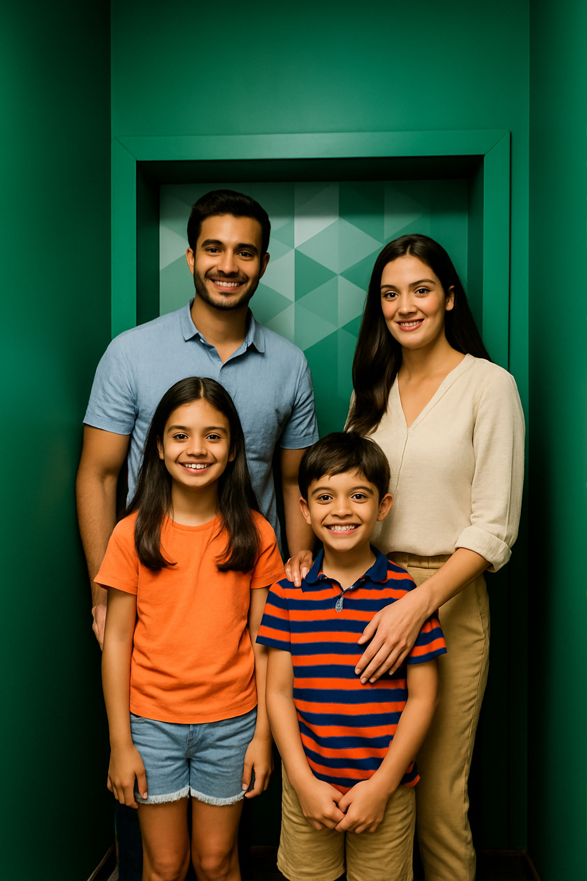 A smiling family of four posing together inside a green illusion exhibit at the Museum of Illusions, New Delhi — surrounded by geometric wall patterns and vibrant lighting