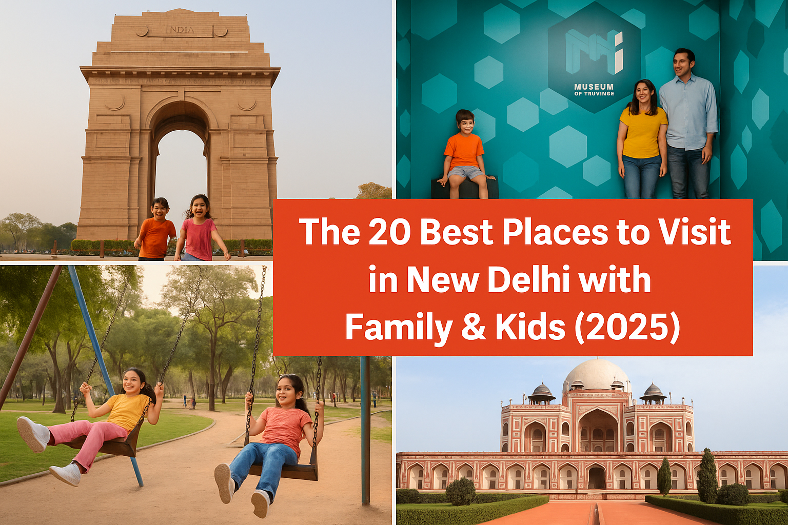 Thumbnail image featuring top 4 family-friendly attractions in New Delhi including India Gate, Museum of Illusions, a city park, and Humayun’s Tomb with bold title text “The 20 Best Places to Visit in New Delhi with Family & Kids (2025)
