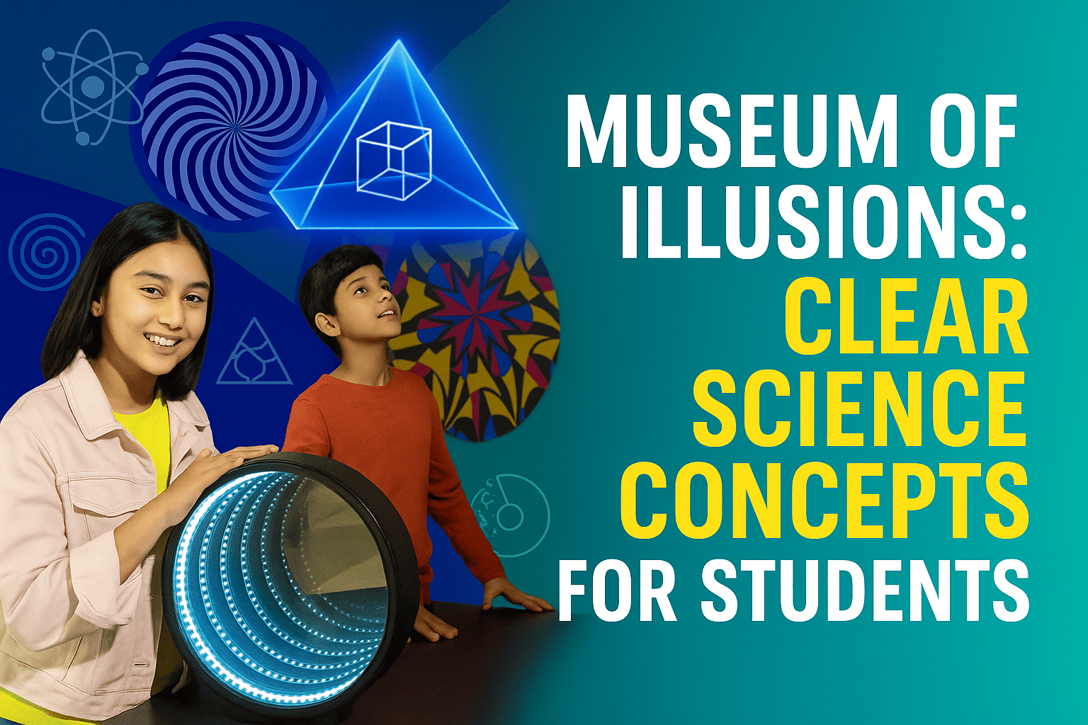 Promotional thumbnail for the blog “Museum of Illusions: Clear Science Concepts for Students.” The image shows two Indian children interacting with illusion exhibits, including an infinity mirror. The background features colorful geometric shapes and optical patterns, with bold white and yellow text on the right over a teal gradient.