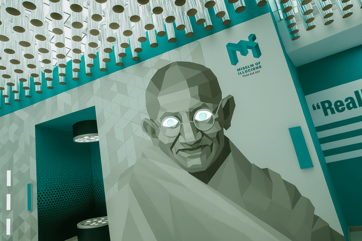 Image of a geometric Gandhi mural at the Museum of Illusions, New Delhi. The portrait features spiraling illusionary eyes beneath a ceiling of suspended cylinders, with a teal-and-white background and the museum logo in the top right corner.