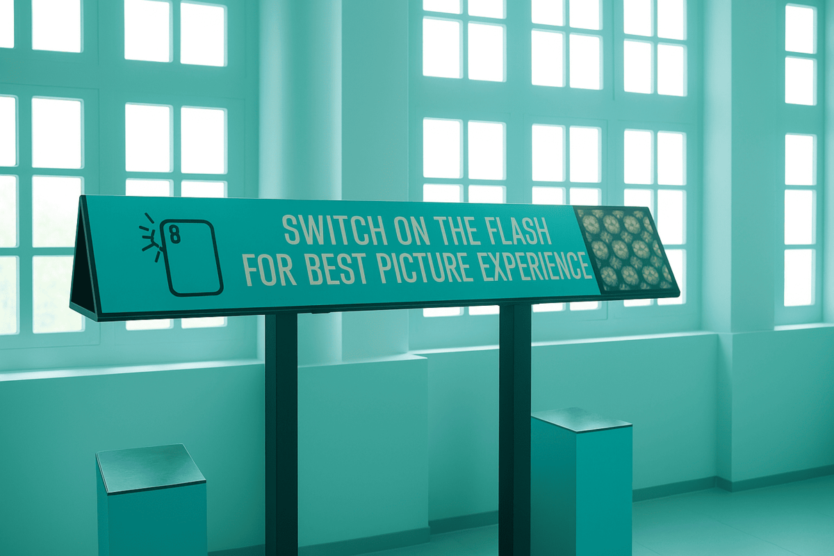Image of an exhibit sign inside the Museum of Illusions, New Delhi. The teal sign reads 
