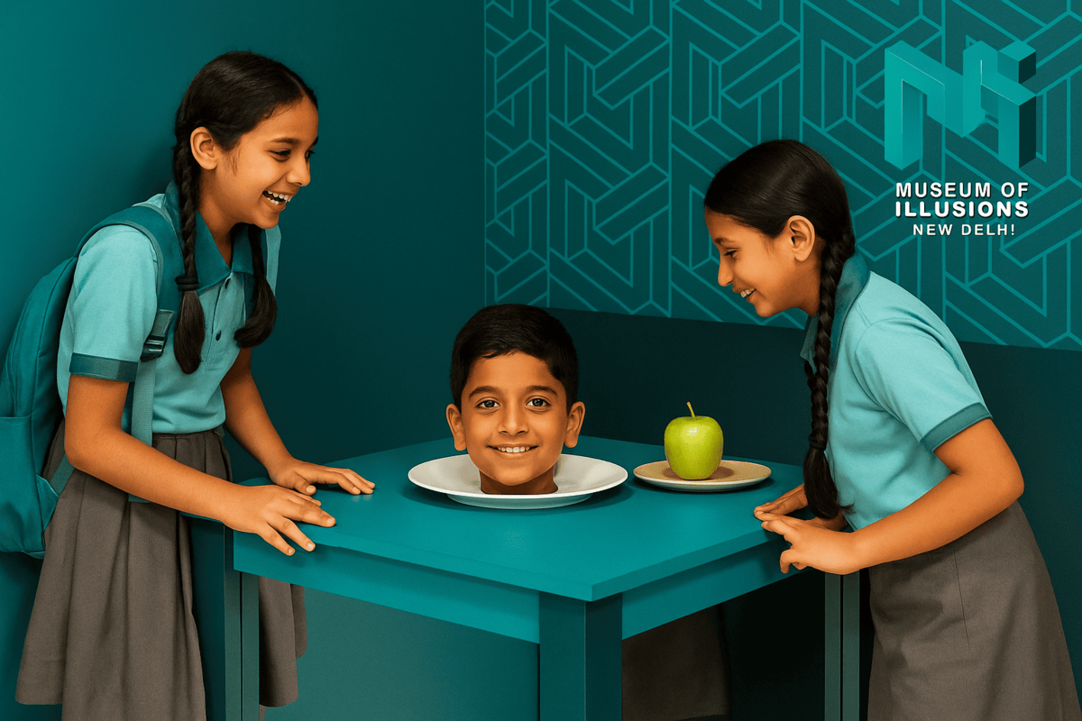 Three Indian schoolchildren interact with the 
