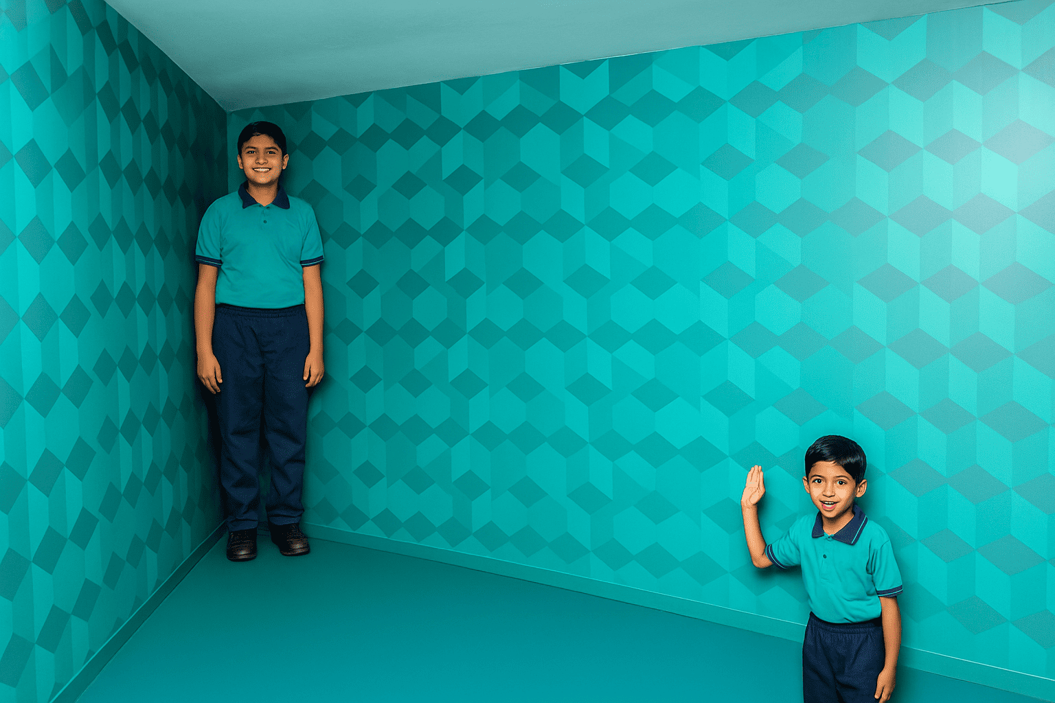 Indian school kids inside the Ames Room at the Museum of Illusions, New Delhi, with one child appearing significantly larger than the other due to the room’s forced perspective. The space features teal geometric-patterned walls aligned with the museum’s brand colors.